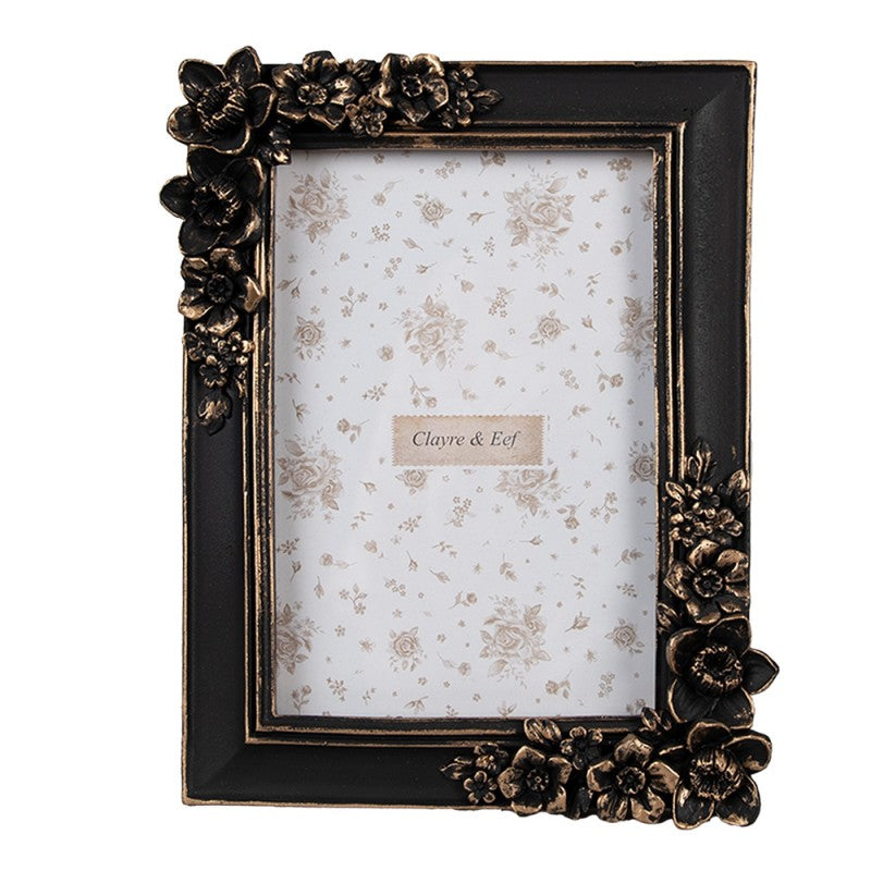 Képkeret Fekete vintage képkeret virágos arany antikolással 10x15 cm