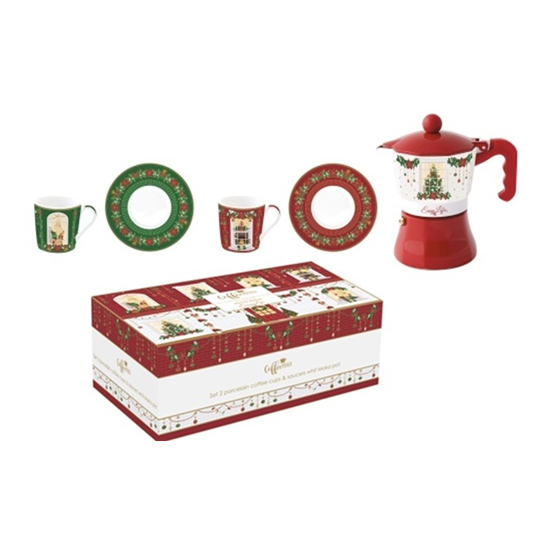 Karácsonyi porcelán eszpresszó kávés csésze + alj 100 ml 2 személyes kávéfőzővel díszdobozban Festive Avenue