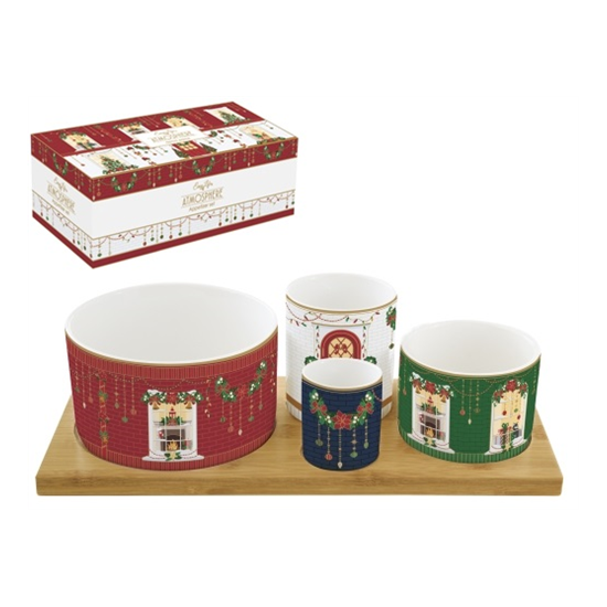 Karácsonyi porcelán kínálótál 4 db-os szett bambusztálcán díszdobozban Festive Avenue