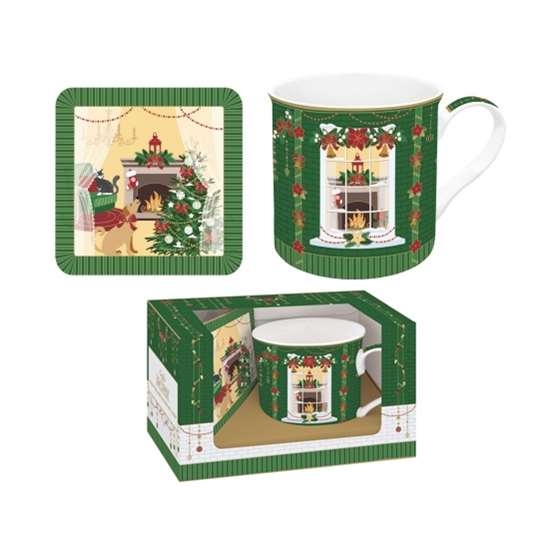 Karácsonyi porcelán bögre 300 ml parafa poháralátéttel díszdobozban Festive Avenue