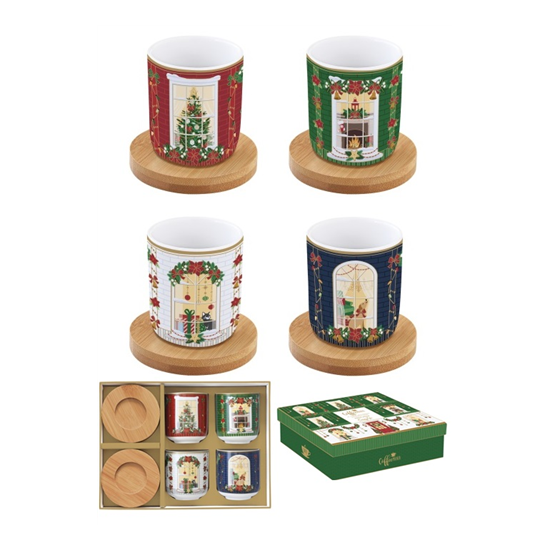 Karácsonyi porcelán eszpresszó pohár bambuszaljjal 4 személyes díszdobozban Festive Avenue