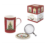 Karácsonyi porcelán teás bögre fém szűrővel díszdobozban Festive Avenue