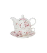Rózsás porcelán egyszemélyes teáskészlet szűrővel díszdobozban
