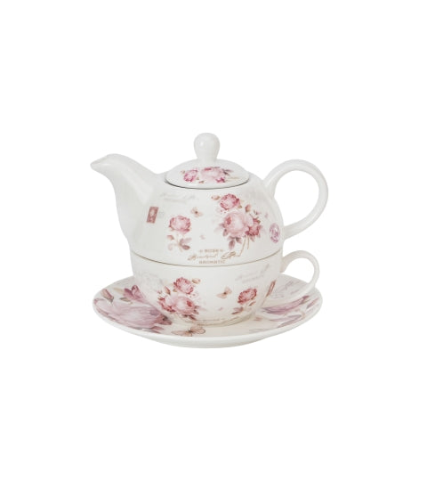 Rózsás porcelán egyszemélyes teáskészlet szűrővel díszdobozban