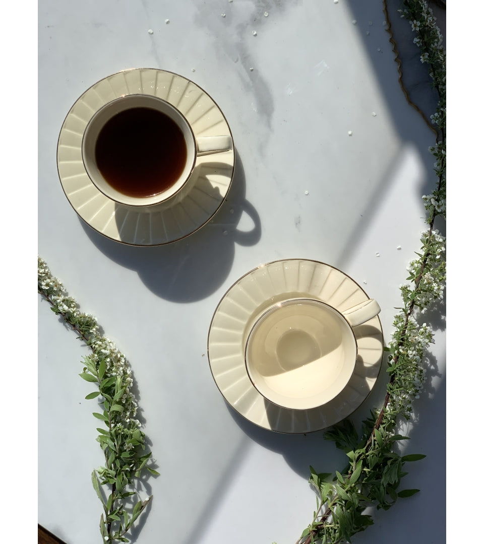 Porcelán csésze + alj 220 ml ekrü arany színű szegéllyel 6 személyes díszdobozban Nina