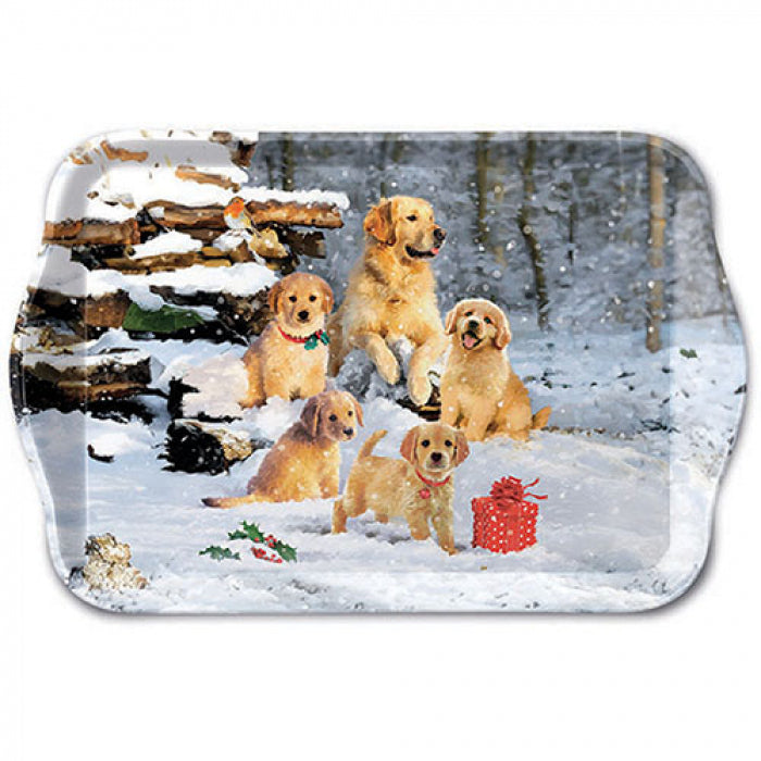 Tálca Golden retriever kölykök karácsonyi műanyag kis tálca 13x21 cm