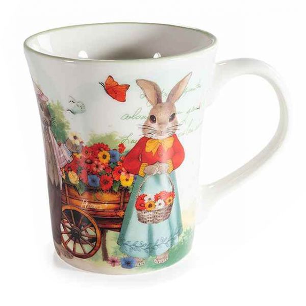 Húsvéti nyuszis porcelán bögre - 350 ml virágos szekér