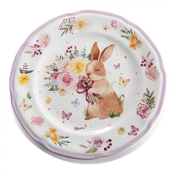 Húsvéti nyuszis porcelán desszertes tányér - 20 cm - lilás