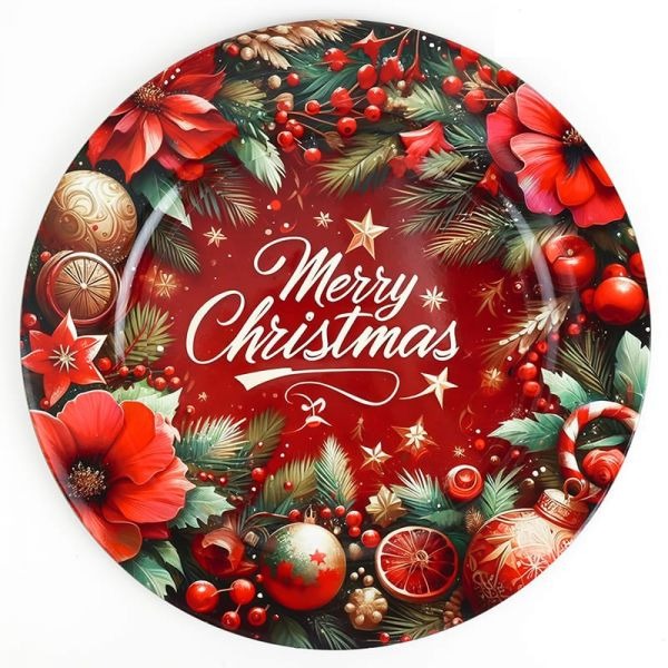Karácsonyi dekorációs tálca kerek 33 cm műanyag Merry Chritmas mikulás virágos