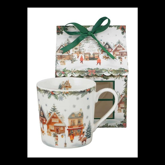 Karácsonyi porcelán bögre 360 ml házikó díszcsomagolásban Christmas Village