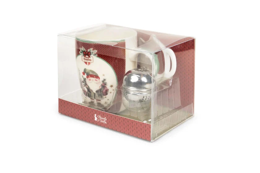 Karácsonyi porcelán bögre 350 ml fém teatojással díszcsomagban többféle