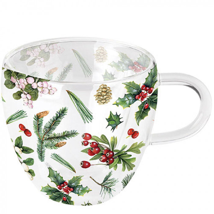 Bögre, csésze Karácsonyi boroszilikát üveg pohár Winter greenery white 250ml