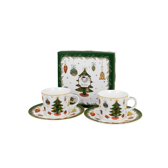 Bögre, csésze Karácsonyi fenyőfás porcelán kávés csésze aljjal 90 ml 2 személyes dobozban Around Christmas Tree