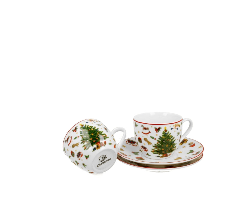 Bögre, csésze Karácsonyi fenyőfás porcelán kávés csésze aljjal 90 ml díszdobozban Christmas Tree