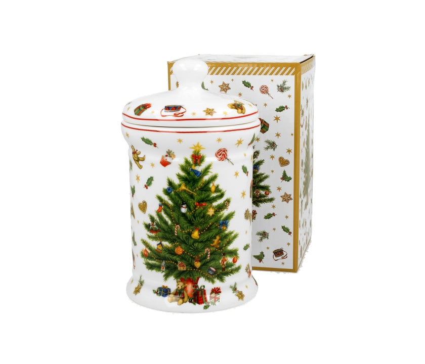 Bögre, csésze Karácsonyi fenyőfás porcelán keksztároló díszdobozban Christmas Tree