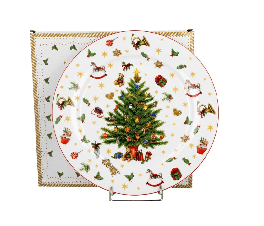 Bögre, csésze Karácsonyi fenyőfás porcelán nagy tányér 27 cm díszdobozban Christmas Tree