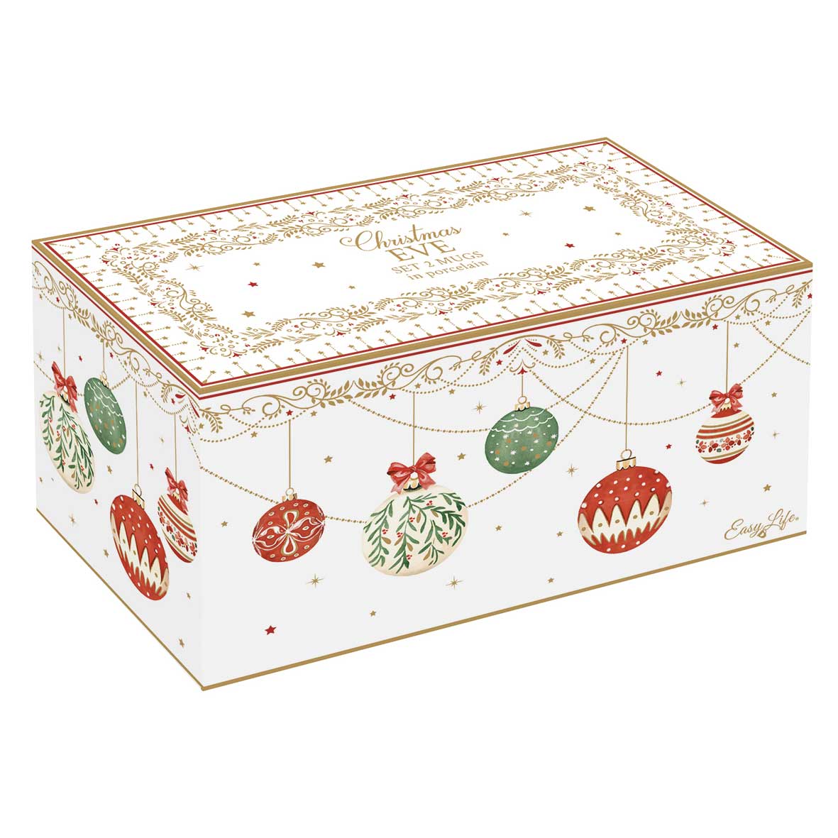 Tányér, étkészlet Karácsonyi gömbökkel díszített porcelán bögre 2 db szett díszdobozban Christmas Eve