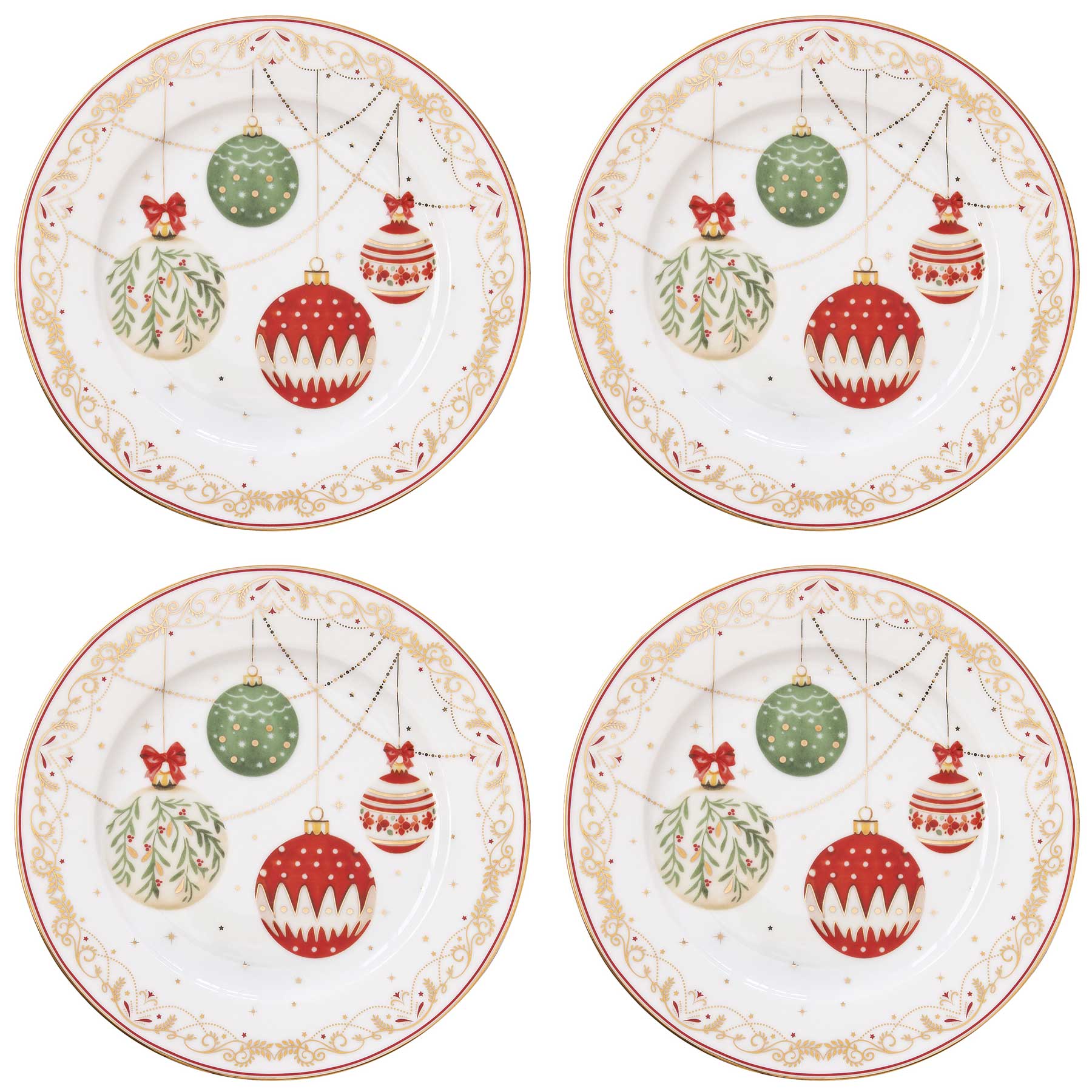 Tányér, étkészlet Karácsonyi gömbökkel díszített porcelán desszertes tányér 4 db szett Christmas Eve