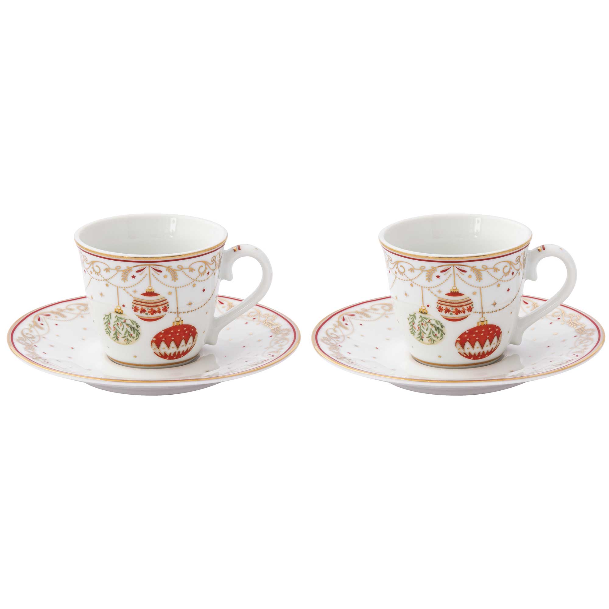 Tányér, étkészlet Karácsonyi gömbökkel díszített porcelán kávés csésze 2 db szett díszdobozban Christmas Eve