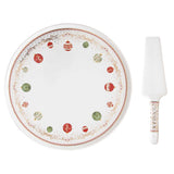 Tányér, étkészlet Karácsonyi gömbökkel díszített porcelán tortatál lapáttal Christmas Eve