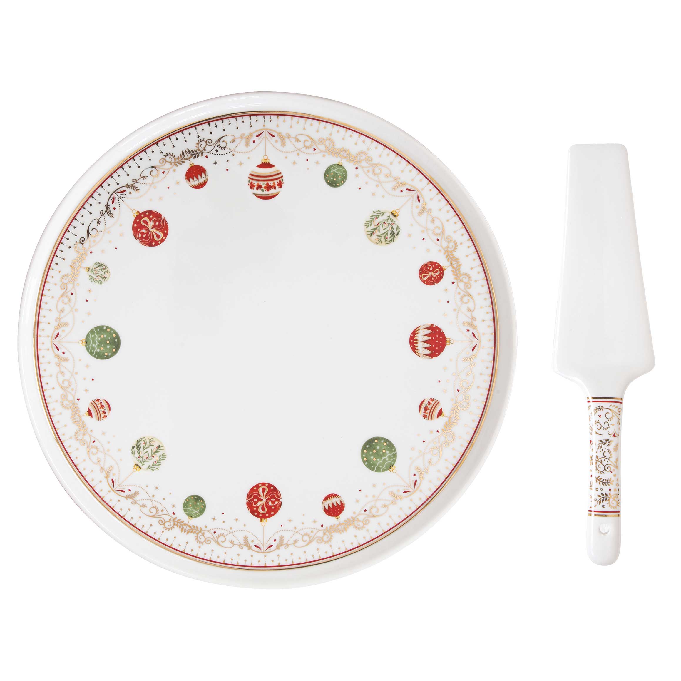 Tányér, étkészlet Karácsonyi gömbökkel díszített porcelán tortatál lapáttal Christmas Eve