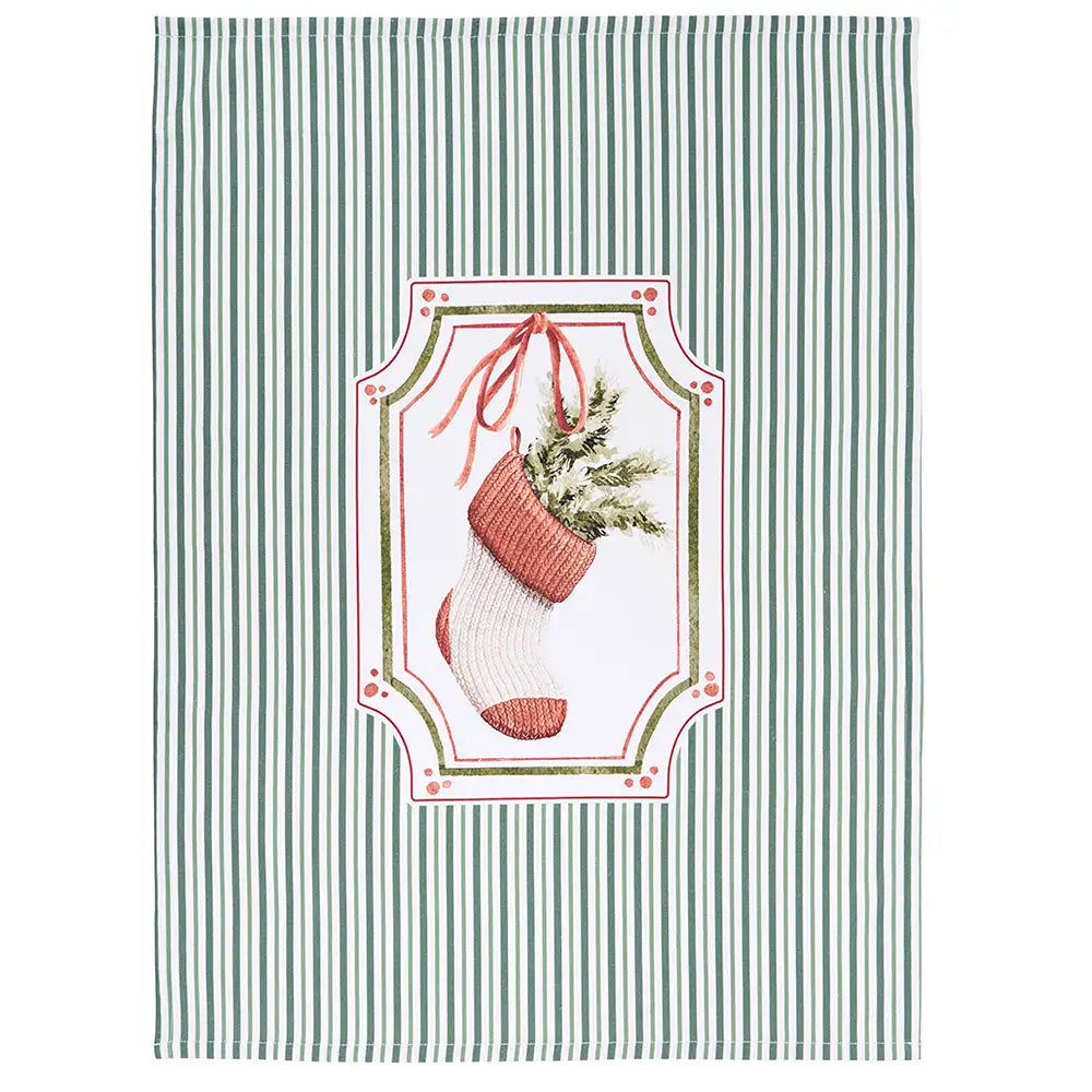 Karácsonyi konyharuha csíkos zoknis 50x70 cm pamut díszdobozban