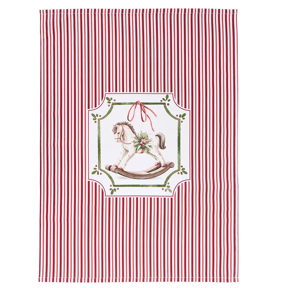 Karácsonyi konyharuha csíkos hintalovas 50x70 cm pamut díszdobozban