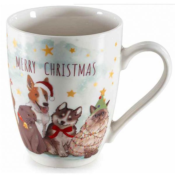 Karácsonyi kutyás porcelán bögre karácsonyfás papír csomagolásban - 300 ml