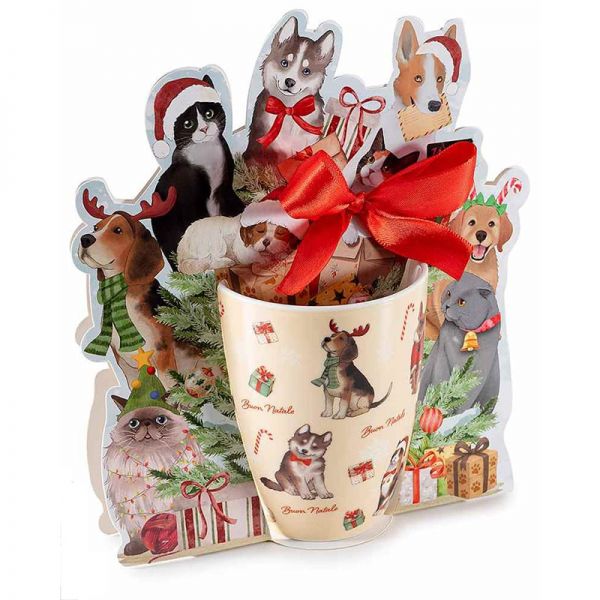 Karácsonyi kutyás porcelán bögre sapkás állatok design csomagolásban - 300 ml