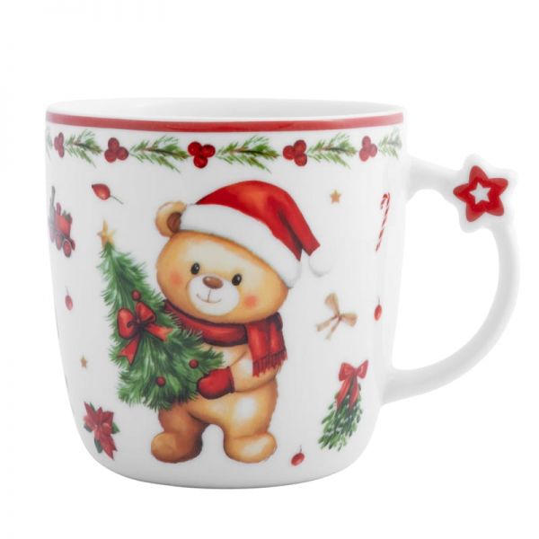 Karácsonyi porcelán bögre 340 ml maci fenyőfával