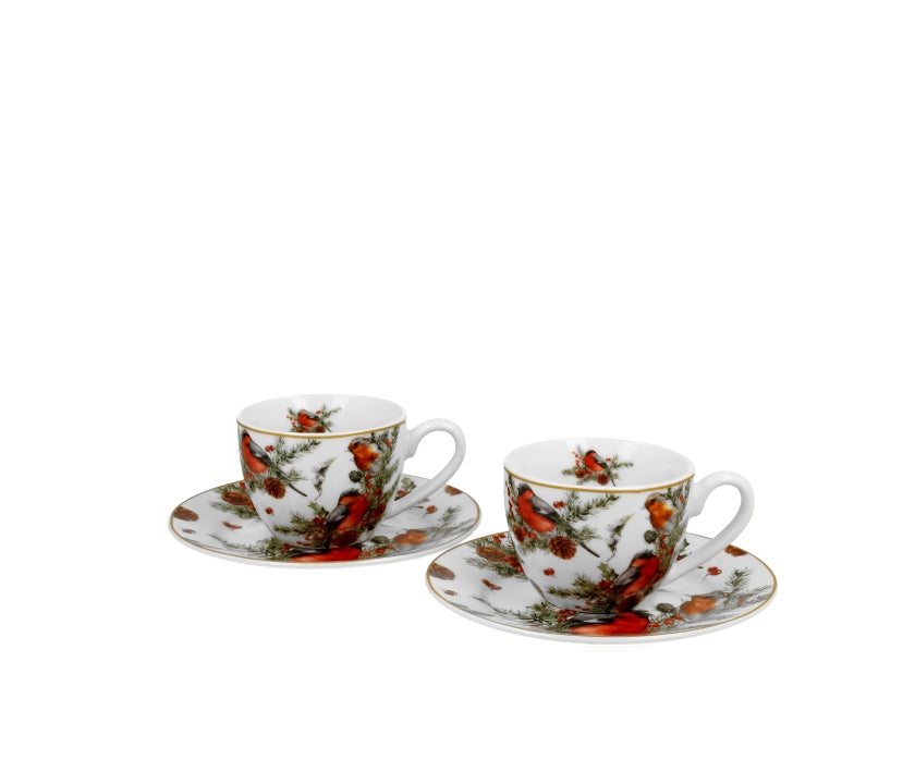 Bögre Karácsonyi porcelán 2 db kávés csésze szett aljal Madarak