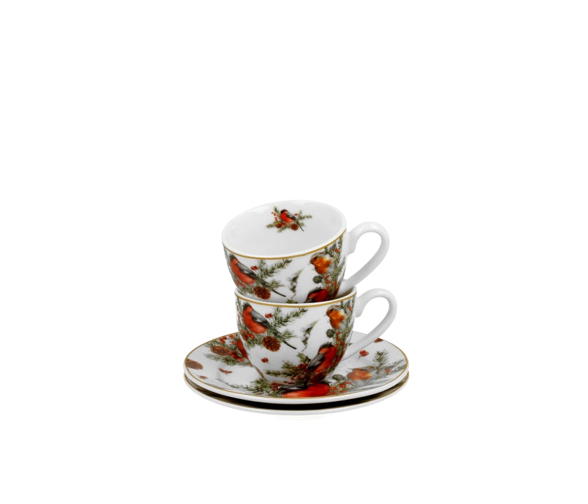 Bögre Karácsonyi porcelán 2 db kávés csésze szett aljal Madarak