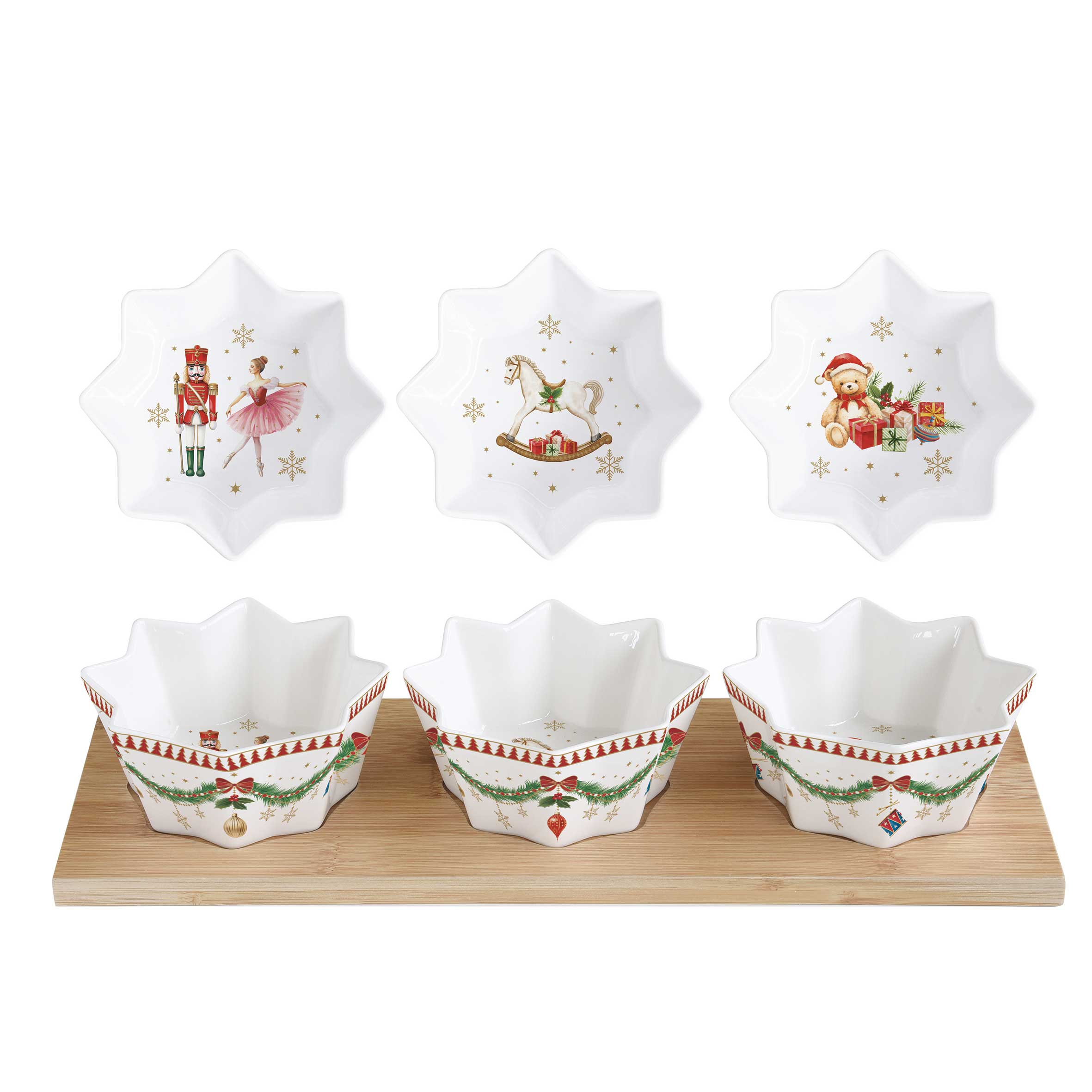 Tányér, étkészlet Karácsonyi porcelán 3 db tálka bambusz tálcán szett díszdobozban Magie de Noel