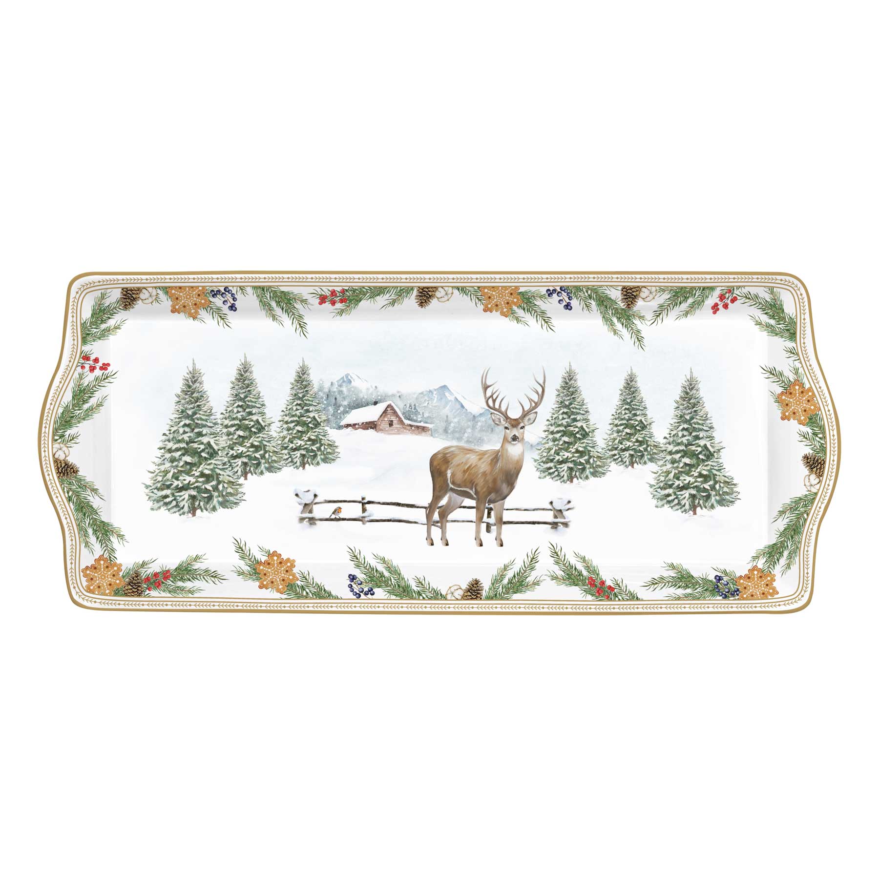 Tányér, étkészlet Karácsonyi porcelán asztali kínáló tálca szarvasos White Forest díszdobozban