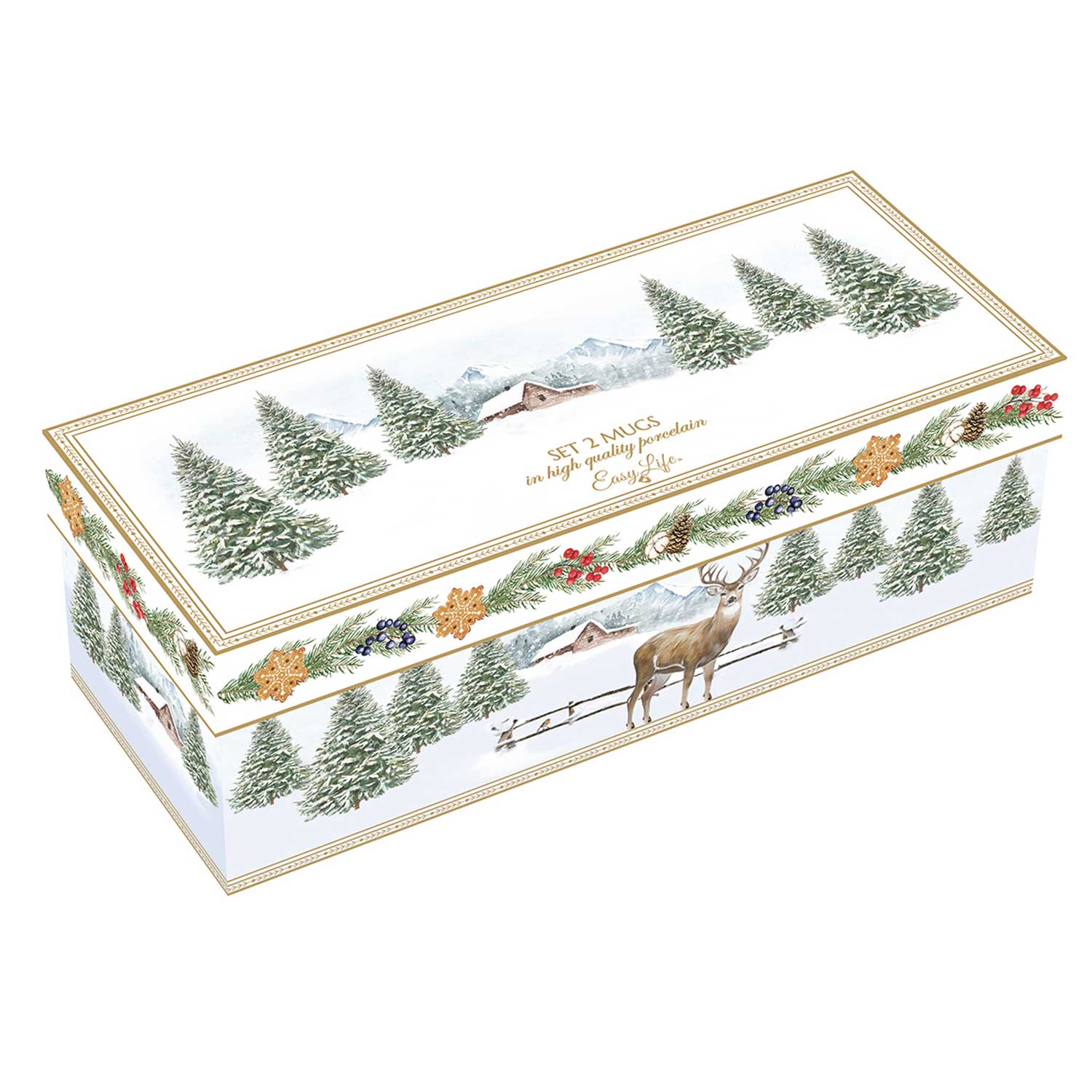 Tányér, étkészlet Karácsonyi porcelán bögre 2db szarvasos White Forest díszdobozban