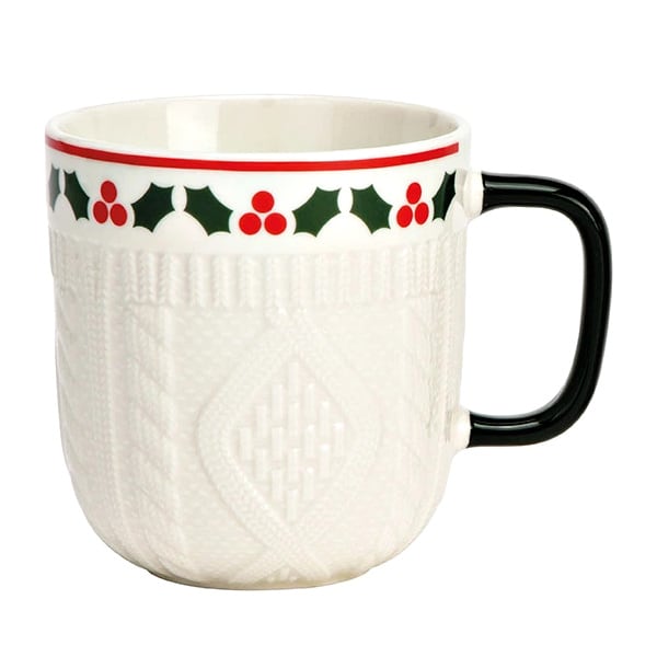 Karácsonyi porcelán bögre - 345 ml - kötött hatású fehér zöld füllel
