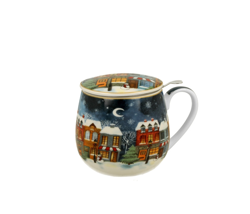 Bögre Karácsonyi porcelán bögre fém szűrővel tetővel díszdobozban Christmas City