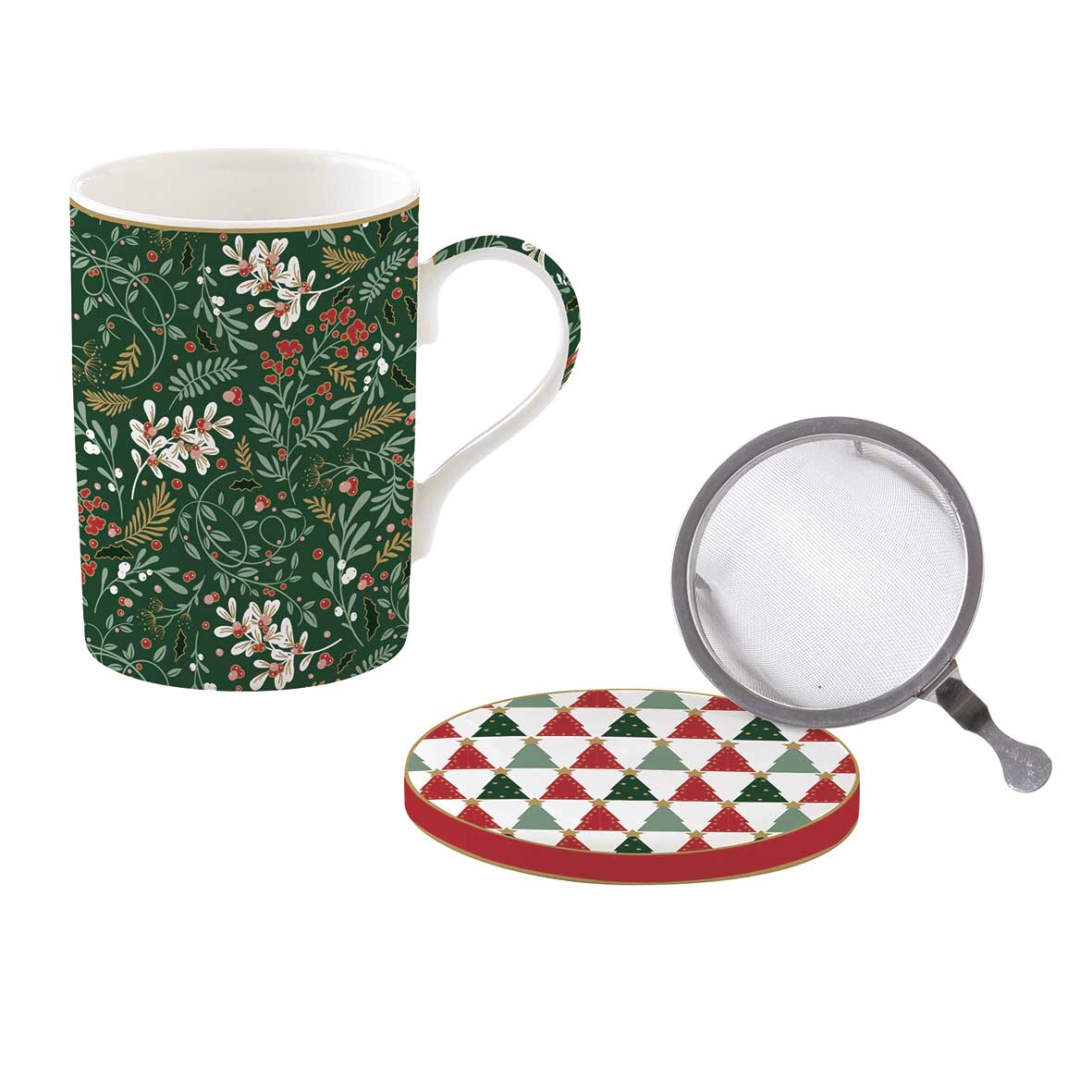 Bögre, csésze Karácsonyi porcelán bögre fém szűrővel tetővel díszdobozban Fancy Christmas