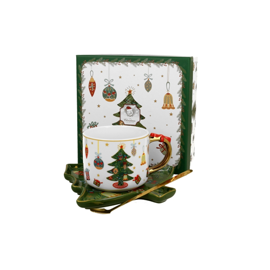 Bögre, csésze Karácsonyi Porcelán bögrefenyőtálcával és kanállal dobozban Around Christmas Tree