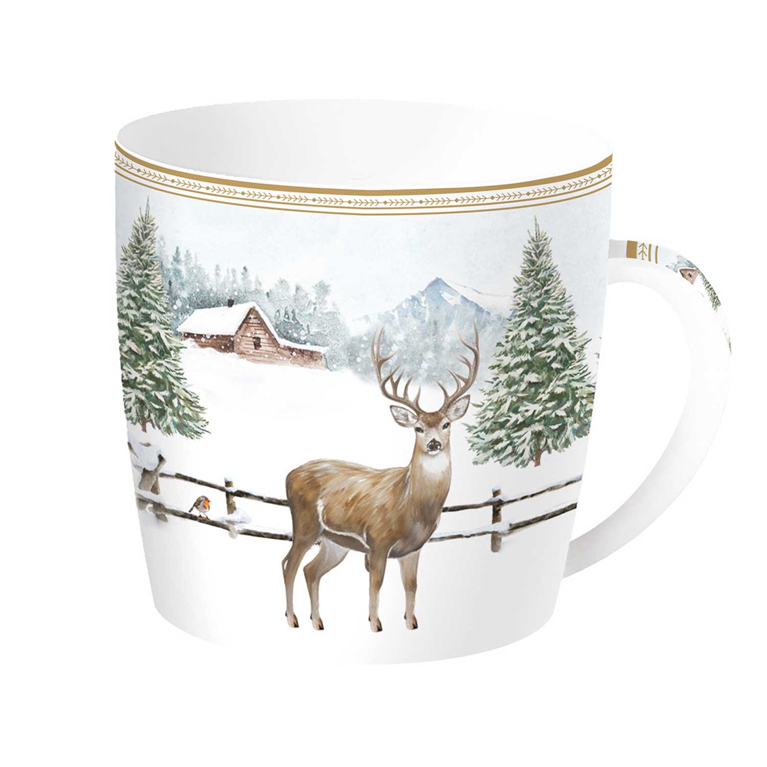 Tányér, étkészlet Karácsonyi porcelán bögre szarvasos White Forest fém díszdobozban