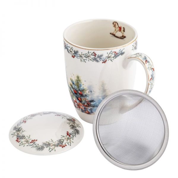 Karácsonyi porcelán bögre tetővel és fémszűrővel - 350 ml - Magic Christmas