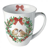 Bögre Karácsonyi porcelán bögre verebek koszorúban