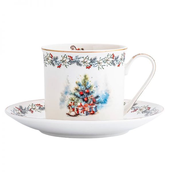 Karácsonyi porcelán csésze aljjal 220 ml fenyőágas