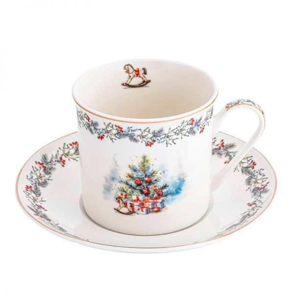 Karácsonyi fenyőfás hintalovas porcelán csésze aljjal 220 ml