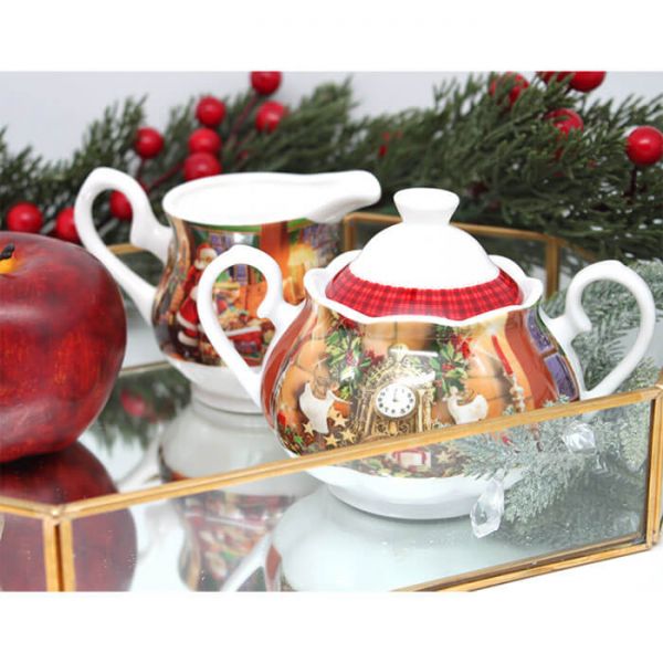 Tányér, étkészlet Karácsonyi porcelán cukortartó és tejkiöntő - Télapós