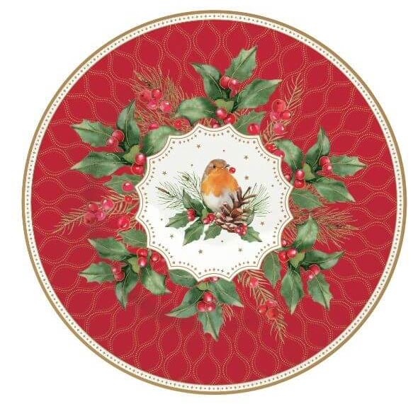 Tányér, étkészlet Karácsonyi porcelán desszertes tányér vörösbegy 4 db szett Christmas Berries