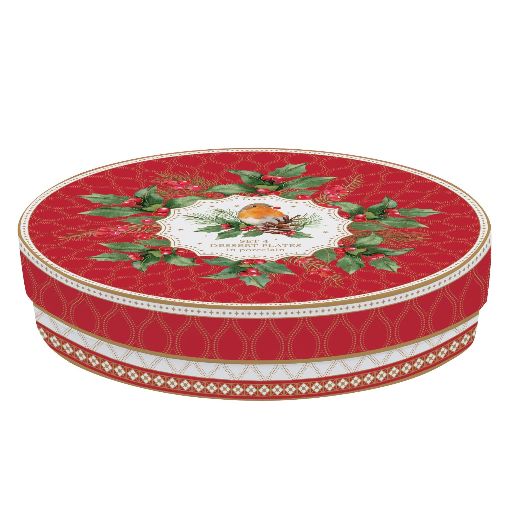 Tányér, étkészlet Karácsonyi porcelán desszertes tányér vörösbegy 4 db szett Christmas Berries