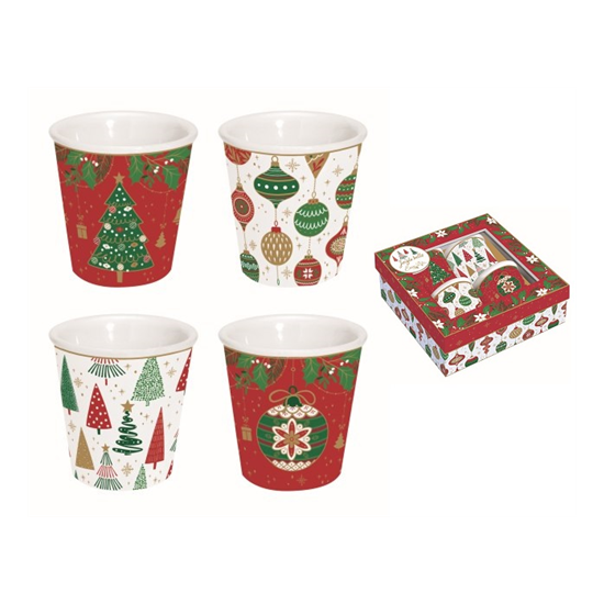 Tányér, étkészlet Karácsonyi porcelán eszpresszó pohár 4 db szett díszdobozban