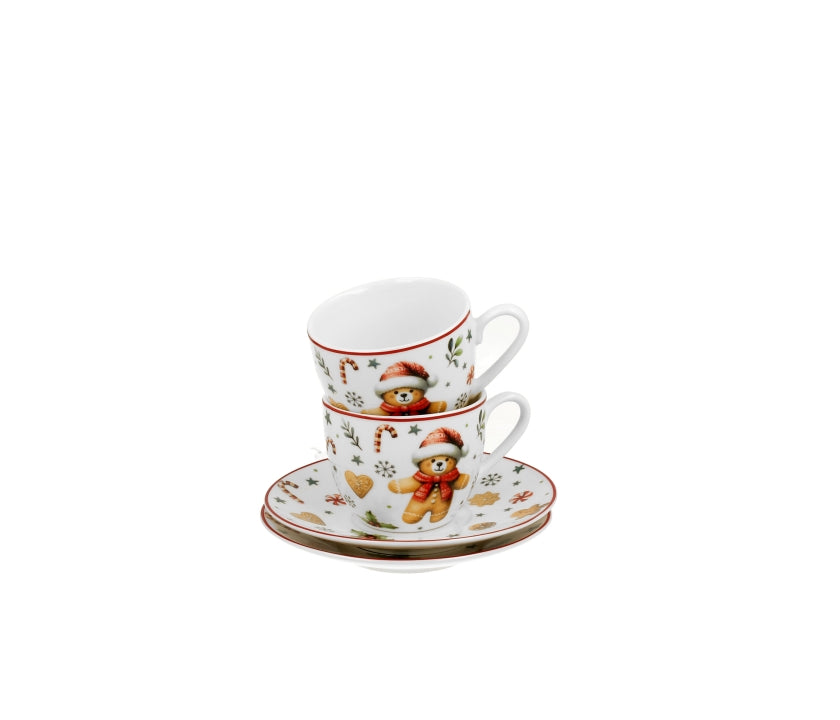 Bögre Karácsonyi porcelán kávés csésze 2 db szett aljjalmézeskalács macis díszdobozban