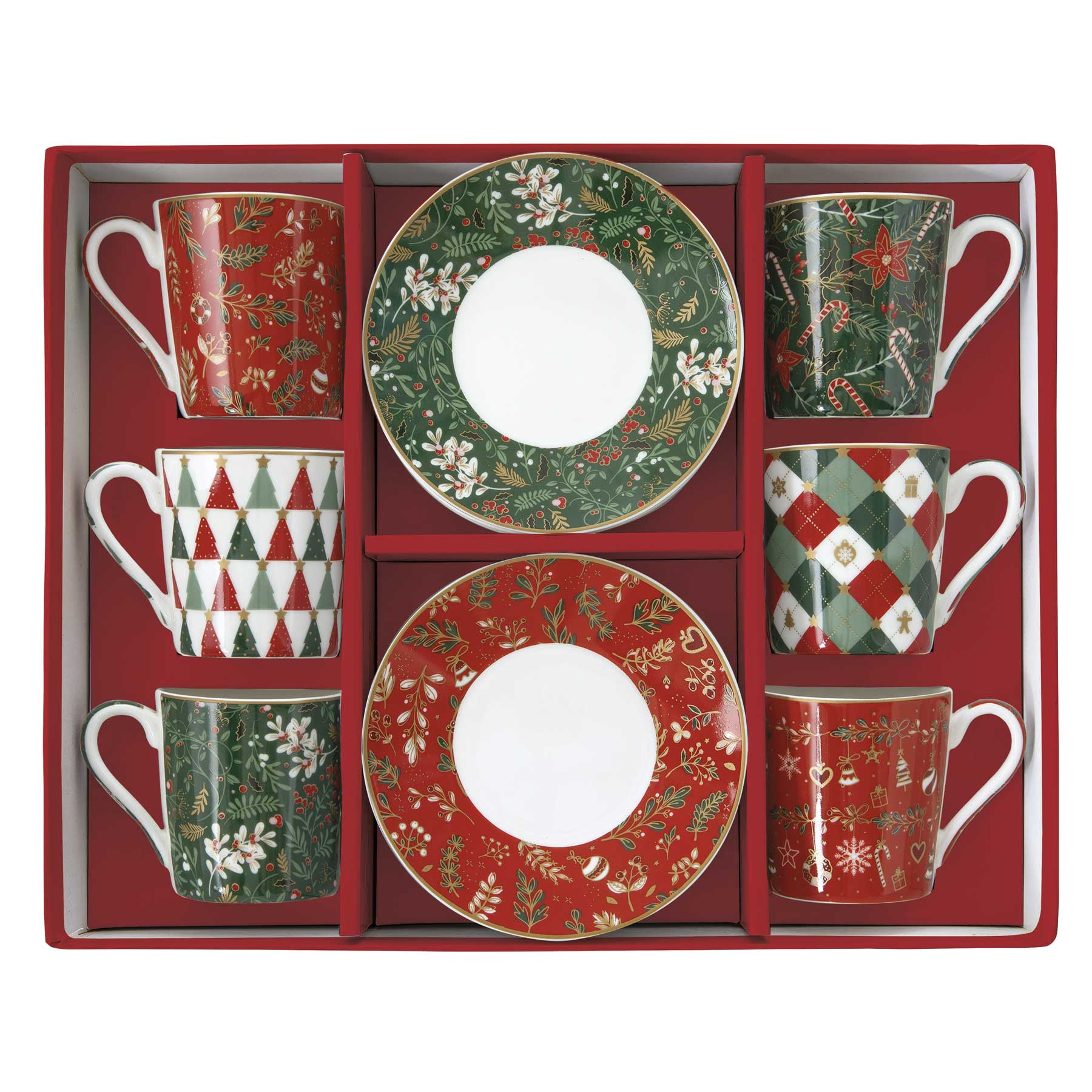 Bögre, csésze Karácsonyi porcelán kávés teás csésze aljjal 100 ml 6 személyes díszdobozban Fancy Christmas